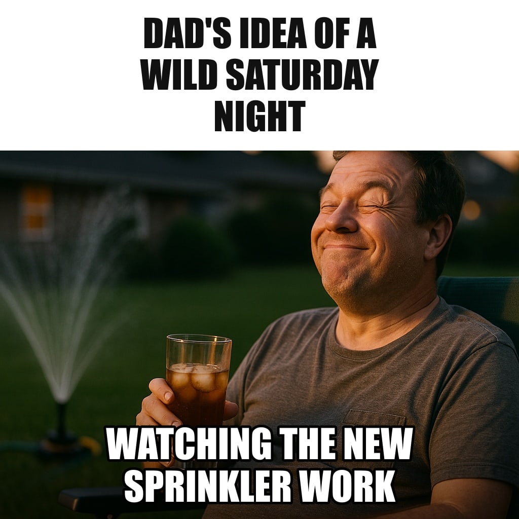 A dad sitting in a lawn chair on a green suburban lawn at dusk, holding a glass of iced tea, watching a lawn sprinkler arc water with deep, contented satisfaction. Caption: "Dad's idea of a wild Saturday night Watching the new sprinkler work"