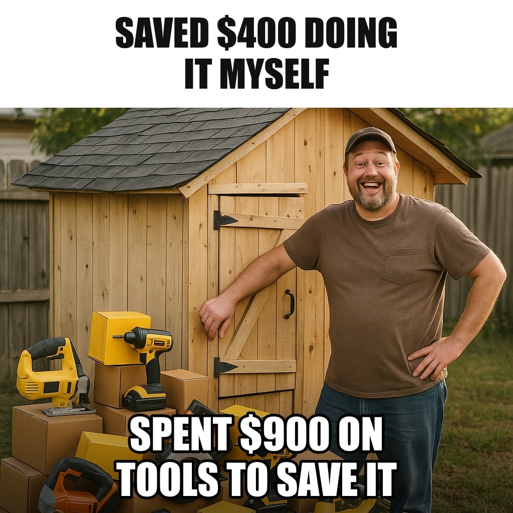 A proud dad standing beside a slightly crooked homemade backyard shed, surrounded by a huge pile of brand-new power tools still in boxes, grinning. Caption: "Saved $400 doing it myself Spent $900 on tools to save it"