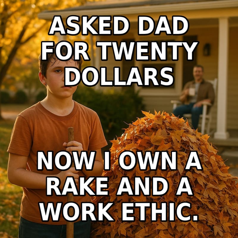 An exhausted boy with a blank stare stands next to a giant leaf pile holding a rake while his dad watches proudly from the porch. Caption: "Asked Dad for twenty dollars Now I own a rake and a work ethic."