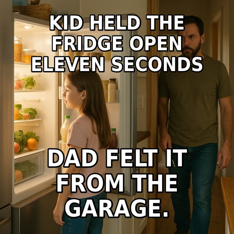 A girl browses an open refrigerator while her dad freezes in the hallway behind her, glaring in her direction. Caption: "Kid held the fridge open eleven seconds Dad felt it from the garage."