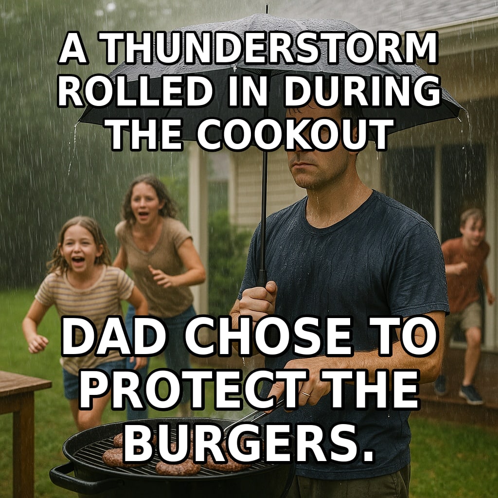 A drenched dad holds an umbrella over the grill instead of himself while his family runs for cover in the rain. Caption: "A thunderstorm rolled in during the cookout Dad chose to protect the burgers."