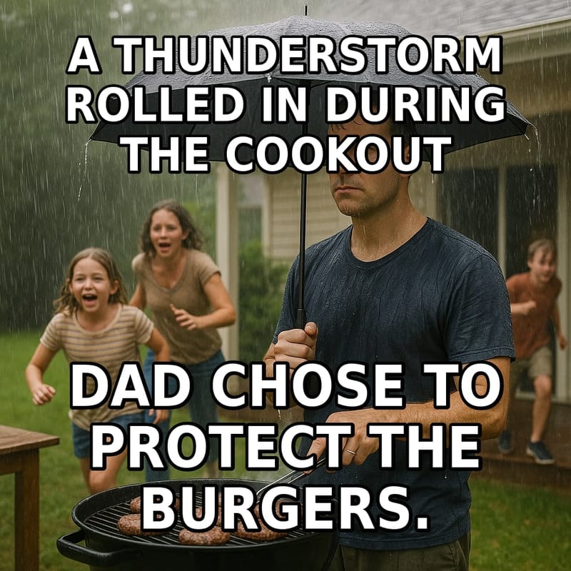 A drenched dad holds an umbrella over the grill instead of himself while his family runs for cover in the rain. Caption: "A thunderstorm rolled in during the cookout Dad chose to protect the burgers."