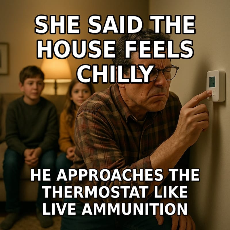 A father kneels cautiously in front of a wall thermostat while his kids watch from the couch in sweaters. Caption: "She said the house feels chilly He approaches the thermostat like live ammunition"