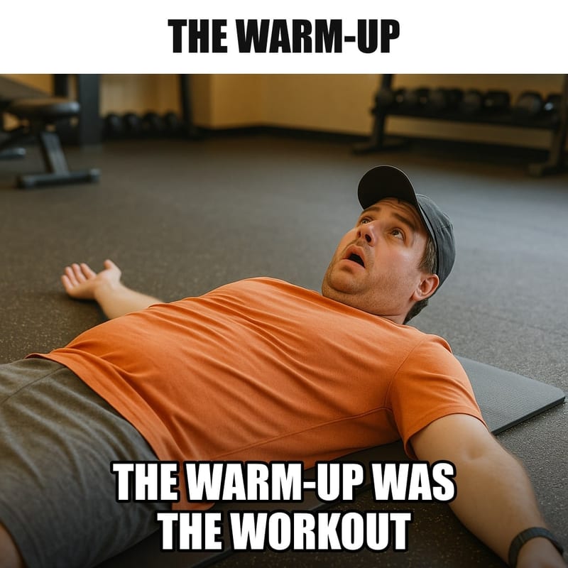 A man lying flat on his back on a gym mat, arms spread, staring at the ceiling in exhaustion, fully dressed in brand-new workout gear, gym otherwise empty. Caption: "The warm-up The warm-up was the workout"