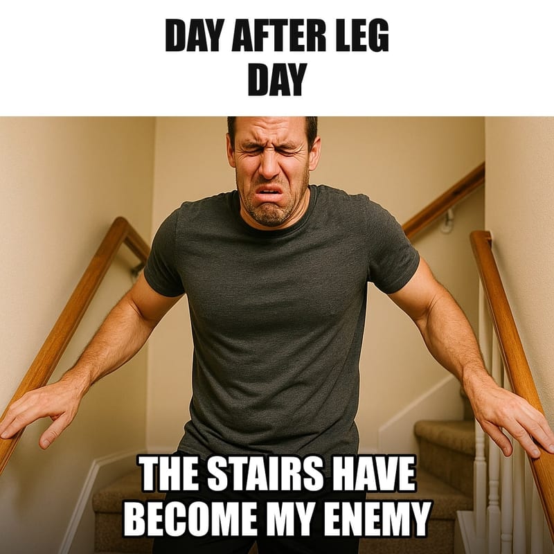 A fit man descending a staircase gripping both handrails, face contorted in pain, taking one careful step at a time. Caption: "Day after leg day The stairs have become my enemy"