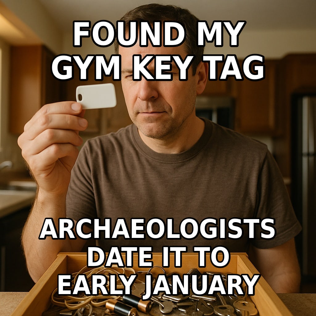 A man at a cluttered junk drawer holds up a small plastic key tag and examines it like a rare artifact. Caption: "Found my gym key tag Archaeologists date it to early January"