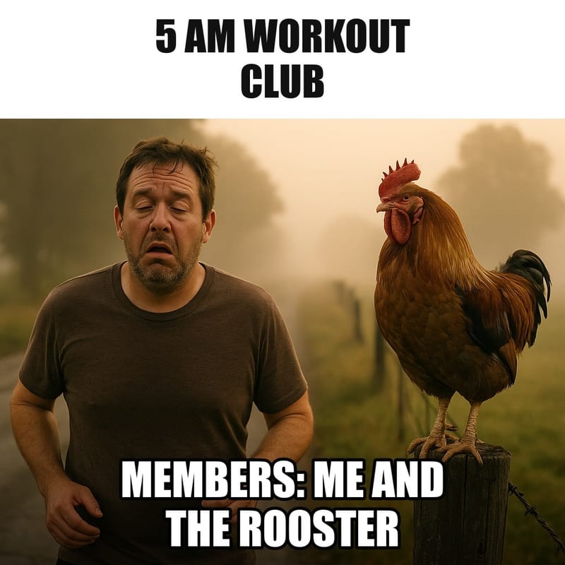 A man jogging on a foggy country road at dawn, and a rooster perched on a fence post watching him, both looking equally tired. Caption: "5 AM workout club Members: me and the rooster"