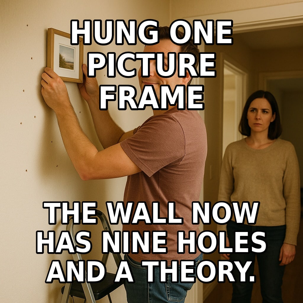 A confident man holds a picture frame against a wall riddled with drill holes while his wife watches, unimpressed. Caption: "Hung one picture frame The wall now has nine holes and a theory."