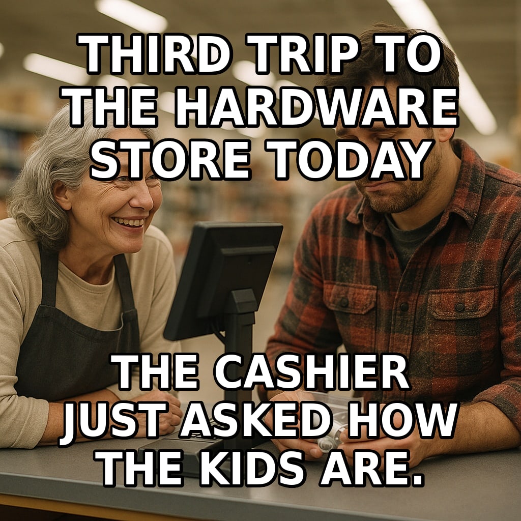 A warm older cashier greets a weary, sawdust-covered man buying one small bag of plumbing parts. Caption: "Third trip to the hardware store today The cashier just asked how the kids are."