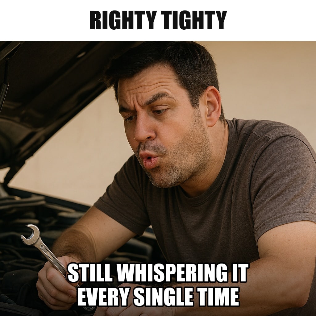 A grown man under a car hood holding a wrench on a bolt, lips moving as he quietly mouths words to himself, face focused. Caption: "Righty tighty Still whispering it every single time"
