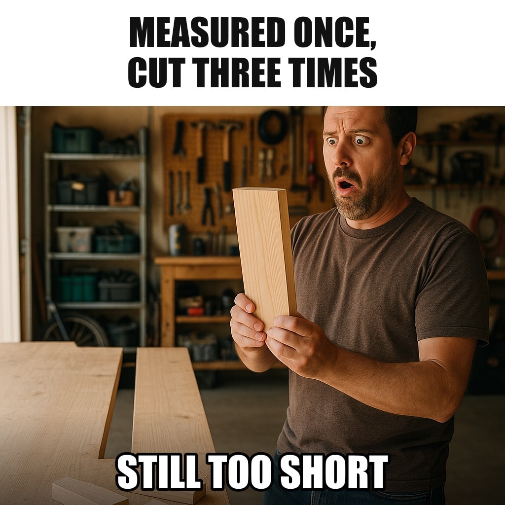 A man in a garage workshop holding up a short piece of wooden board against a long gap, staring at it in disbelief, three cut-off pieces at his feet. Caption: "Measured once, cut three times Still too short"