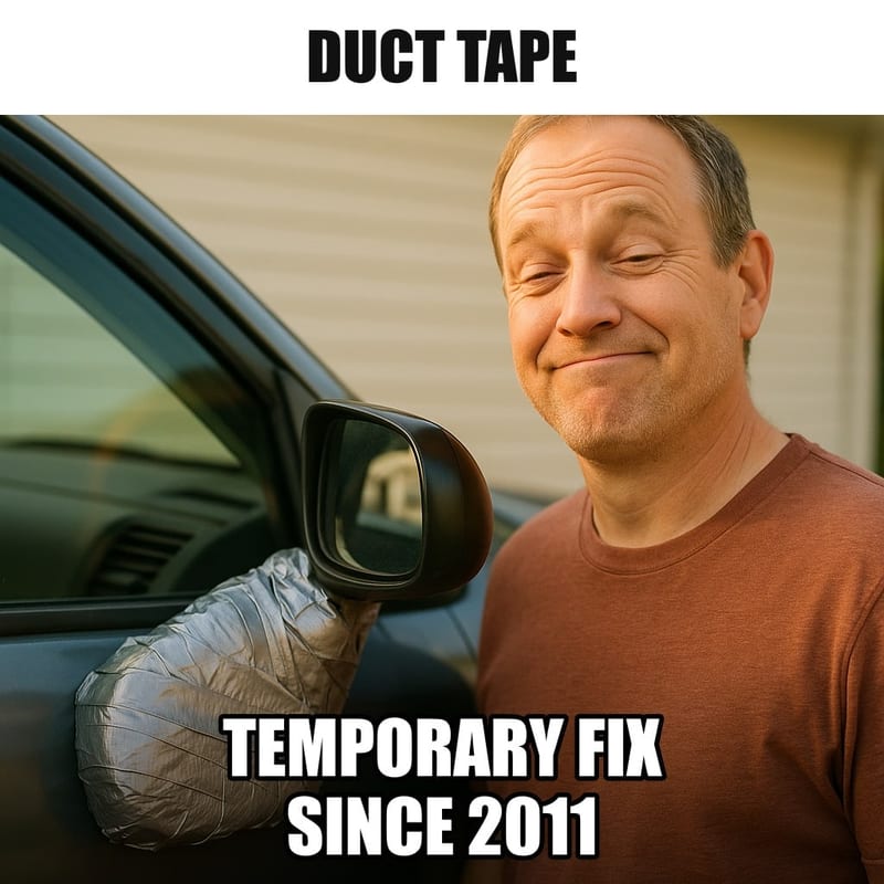 A car side mirror held onto a car door with layers and layers of silver duct tape, a proud owner nodding beside it. Caption: "Duct tape Temporary fix since 2011"