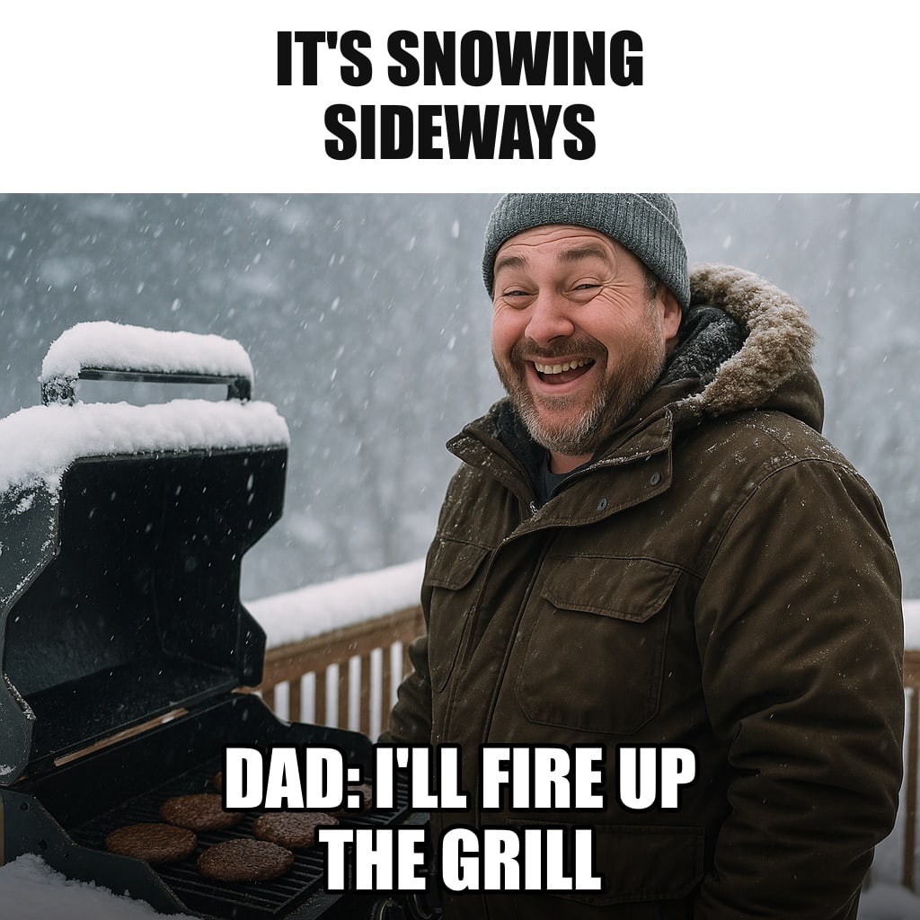A dad in a heavy parka and winter hat grilling burgers on a deck in a blizzard, snow piled on the grill lid, completely content. Caption: "It's snowing sideways Dad: I'll fire up the grill"