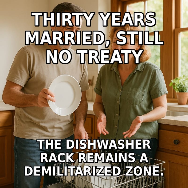 A husband and wife stand by an open dishwasher in a bright kitchen, playfully debating how to load the dishes. Caption: "Thirty years married, still no treaty The dishwasher rack remains a demilitarized zone."