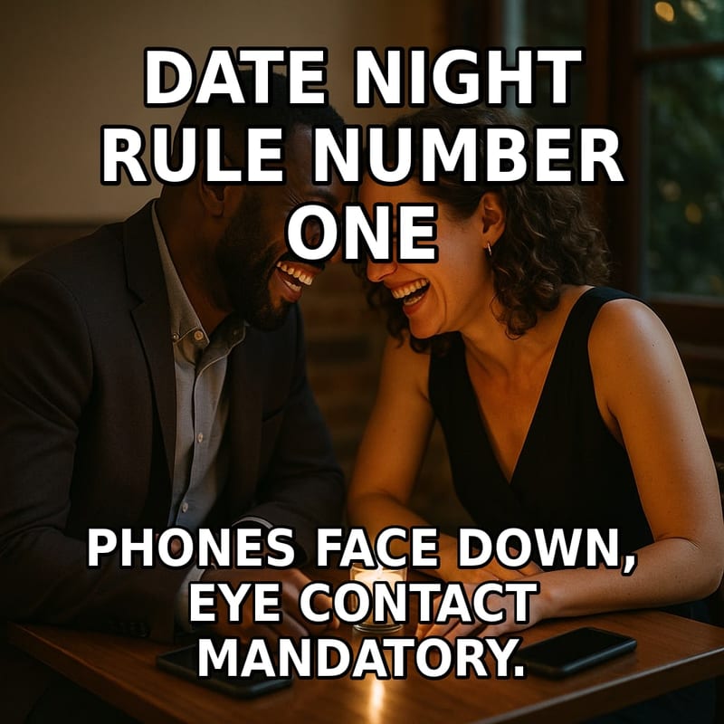 A couple laughs together at a candlelit restaurant table with their phones turned face-down beside their plates. Caption: "Date night rule number one Phones face down, eye contact mandatory."