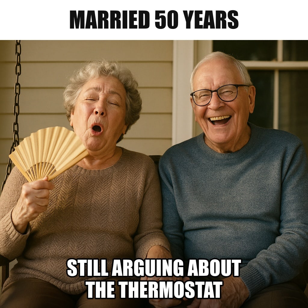 An elderly couple sitting side by side on a front porch swing holding hands and smiling, both wearing sweaters, one of them fanning herself. Caption: "Married 50 years Still arguing about the thermostat"