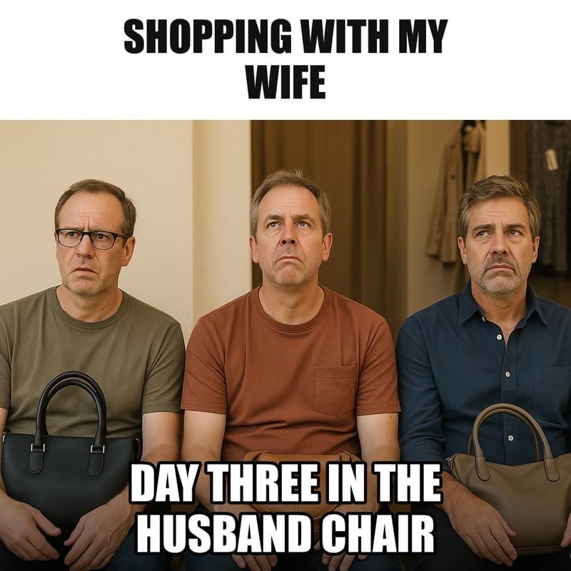 Three bored middle-aged men sitting in a row of chairs outside a clothing store fitting room, each holding a handbag on his lap, staring into space. Caption: "Shopping with my wife Day three in the husband chair"