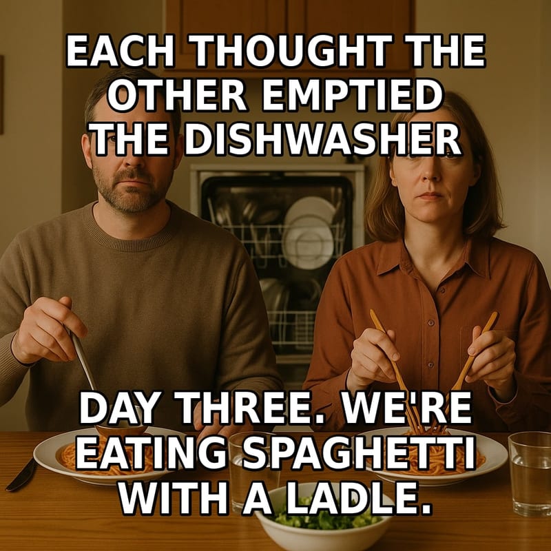 A couple solemnly eats spaghetti with a ladle and salad tongs in front of a full, open dishwasher. Caption: "Each thought the other emptied the dishwasher Day three. We're eating spaghetti with a ladle."