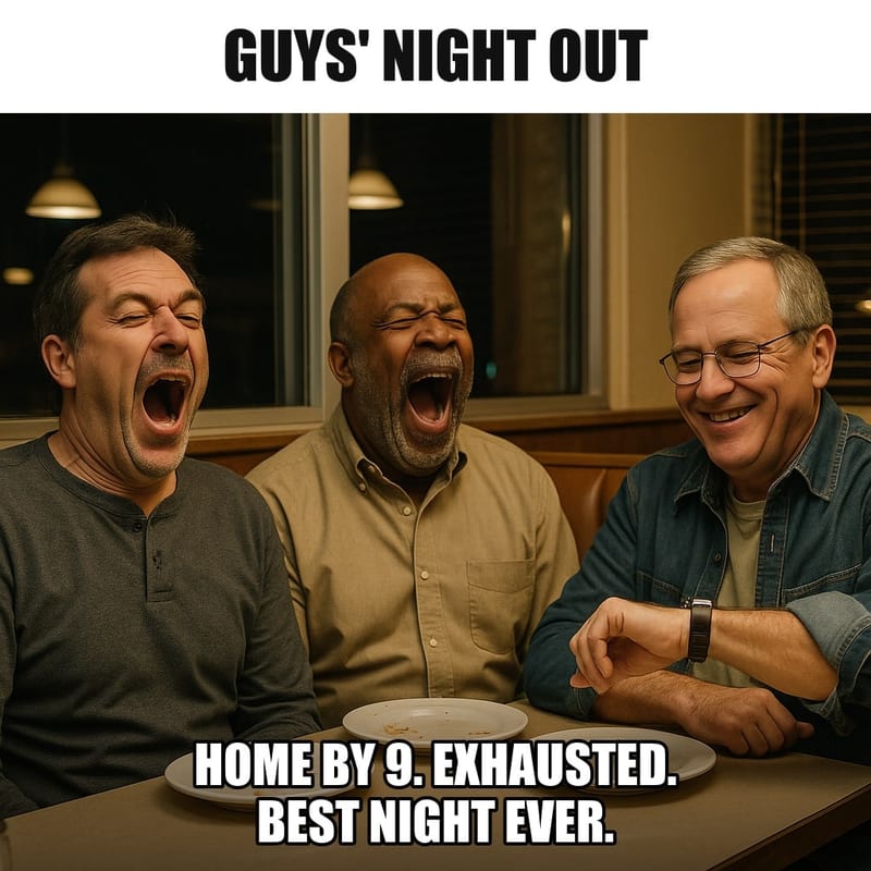 Three middle-aged men sitting in a diner booth at 9pm, two yawning widely, one checking his watch, empty pie plates on the table, all smiling. Caption: "Guys' night out Home by 9. Exhausted. Best night ever."