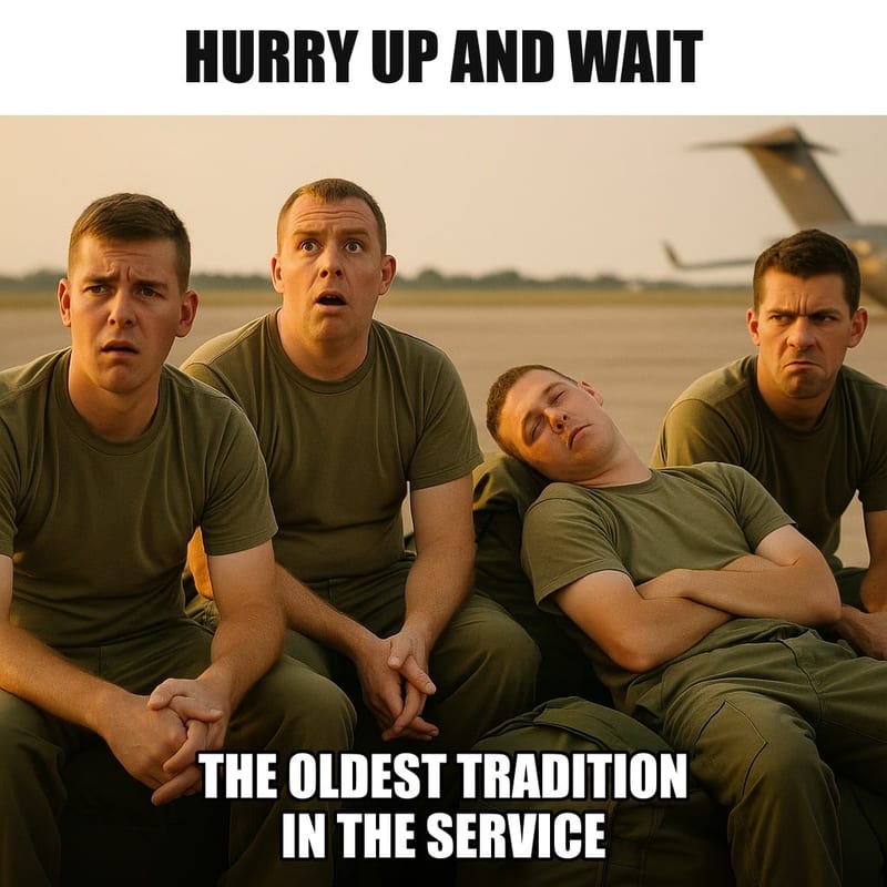 A group of soldiers in plain uniforms with no insignia sitting on their duffel bags on an airfield, all looking bored, one asleep on his bag. Caption: "Hurry up and wait The oldest tradition in the service"