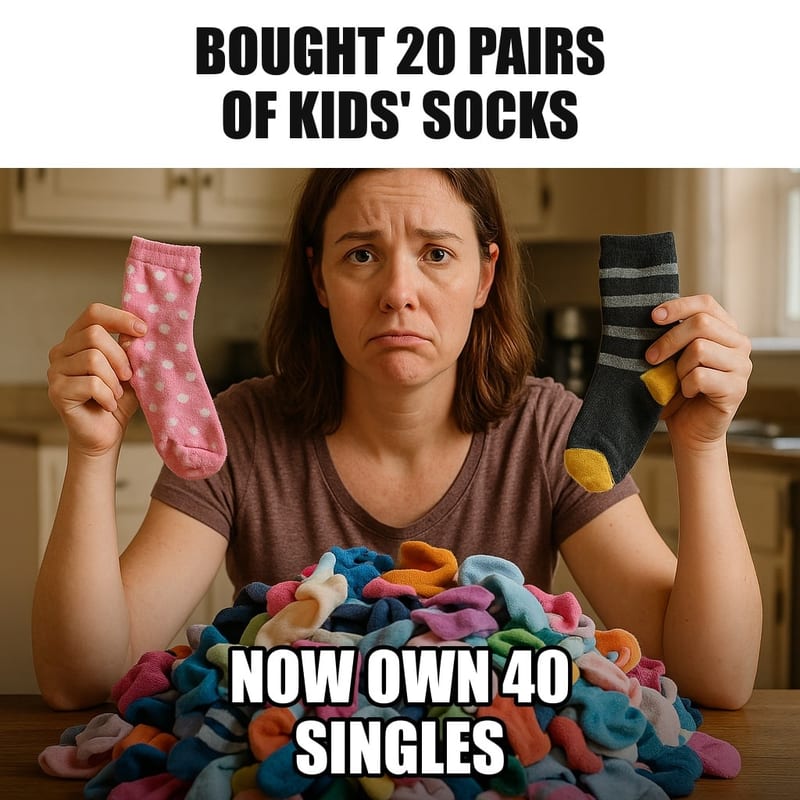 A mom sitting at a kitchen table behind a huge heap of unmatched colorful children's socks, holding up two socks that obviously do not match, with a defeated stare. Caption: "Bought 20 pairs of kids' socks Now own 40 singles"