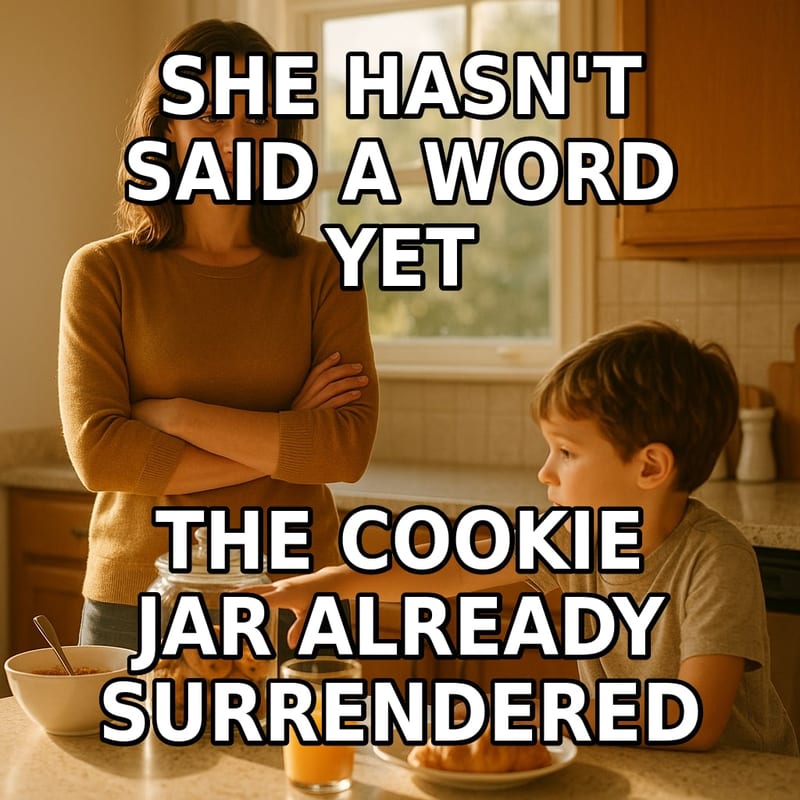 A mother calmly watches her son freeze mid-reach for a cookie jar in a bright kitchen. Caption: "She hasn't said a word yet The cookie jar already surrendered"