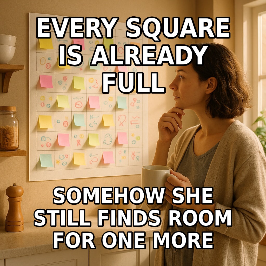 A mother studies a busy family calendar covered in colorful sticky notes while holding a coffee mug. Caption: "Every square is already full Somehow she still finds room for one more"
