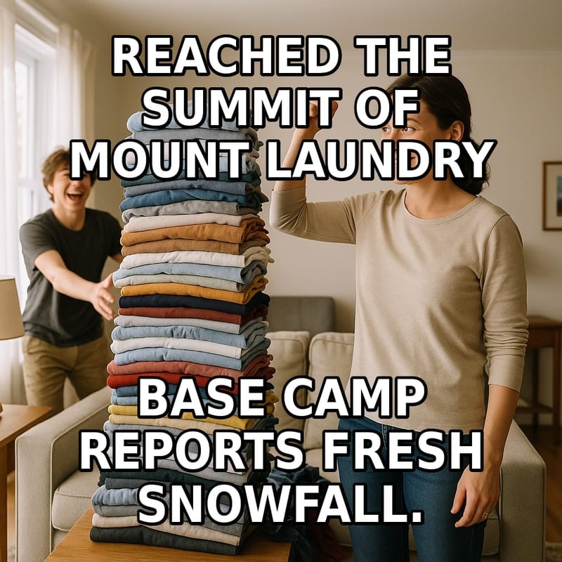 A mother raises her fist in triumph beside a huge folded laundry pile while her teenage son dumps a new armload of clothes behind her. Caption: "Reached the summit of Mount Laundry Base camp reports fresh snowfall."
