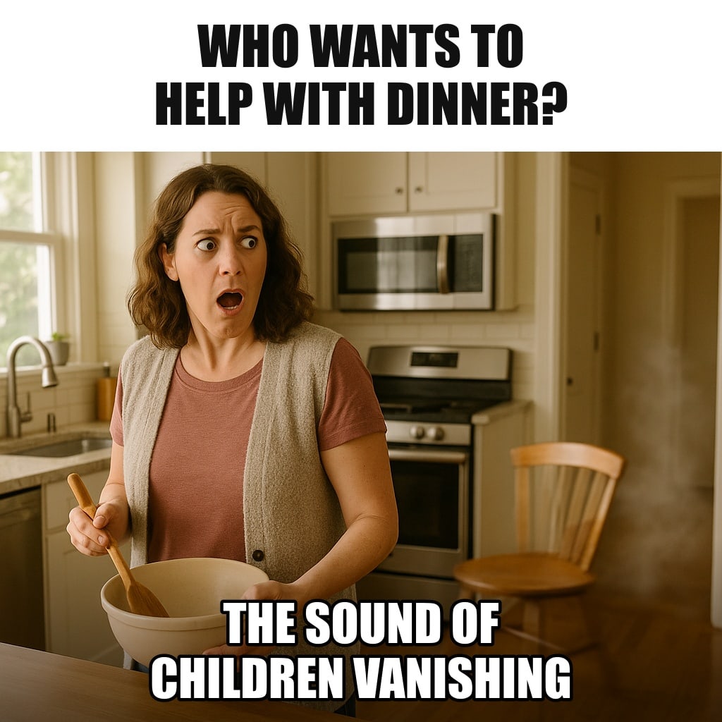 A mom in a bright kitchen holding a wooden spoon and a mixing bowl, turning around to find the room completely empty, a single chair still spinning, a small puff of dust in the doorway. Caption: "Who wants to help with dinner? The sound of children vanishing"