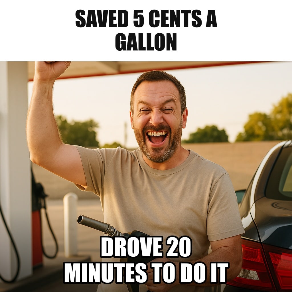 A man at a gas station pump with his fist raised in victory and a triumphant grin, filling his car, no signs or numbers visible. Caption: "Saved 5 cents a gallon Drove 20 minutes to do it"