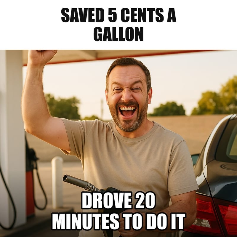 A man at a gas station pump with his fist raised in victory and a triumphant grin, filling his car, no signs or numbers visible. Caption: "Saved 5 cents a gallon Drove 20 minutes to do it"