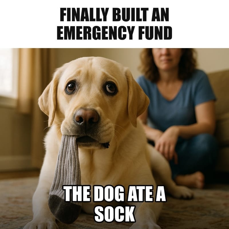 A guilty-looking labrador retriever lying on a living room rug with a sock sticking out of its mouth, big innocent eyes looking up. Caption: "Finally built an emergency fund The dog ate a sock"