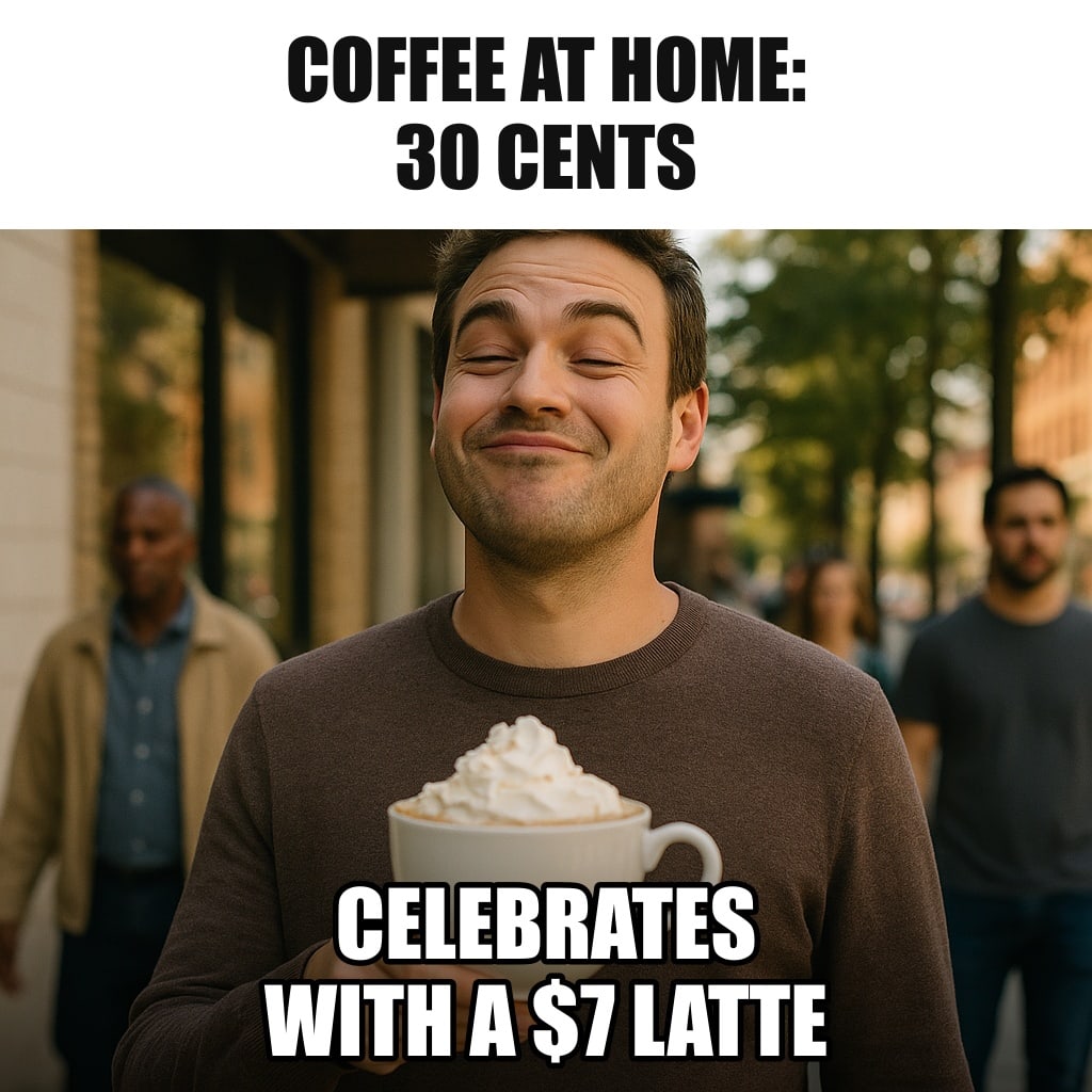 A smug man walking down a city sidewalk holding a large fancy coffee cup with whipped cream, with a very satisfied expression. Caption: "Coffee at home: 30 cents Celebrates with a $7 latte"