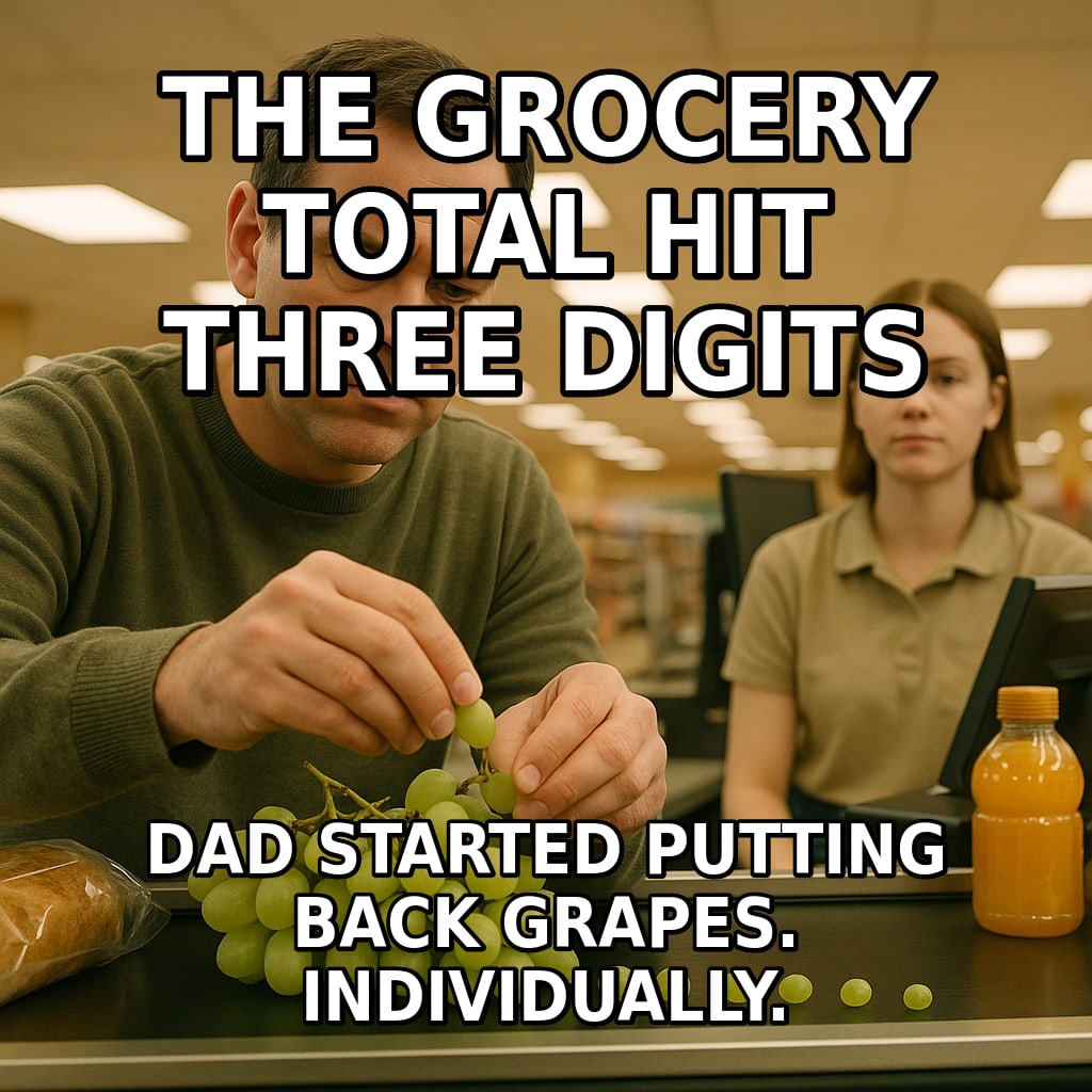 A man at a grocery checkout solemnly removes grapes one at a time from a bunch while the cashier watches. Caption: "The grocery total hit three digits Dad started putting back grapes. Individually."