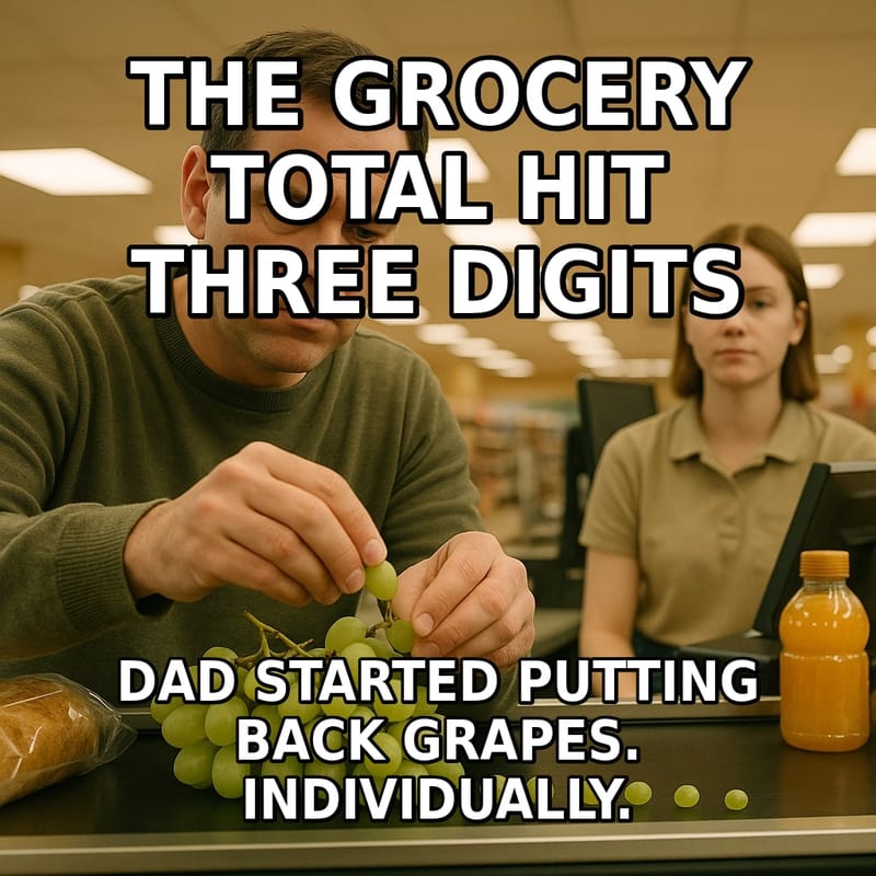 A man at a grocery checkout solemnly removes grapes one at a time from a bunch while the cashier watches. Caption: "The grocery total hit three digits Dad started putting back grapes. Individually."