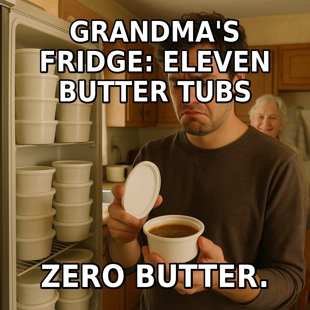 A young man opens one of many butter tubs in Grandma's packed fridge and finds gravy inside while she smiles in the background. Caption: "Grandma's fridge: eleven butter tubs Zero butter."