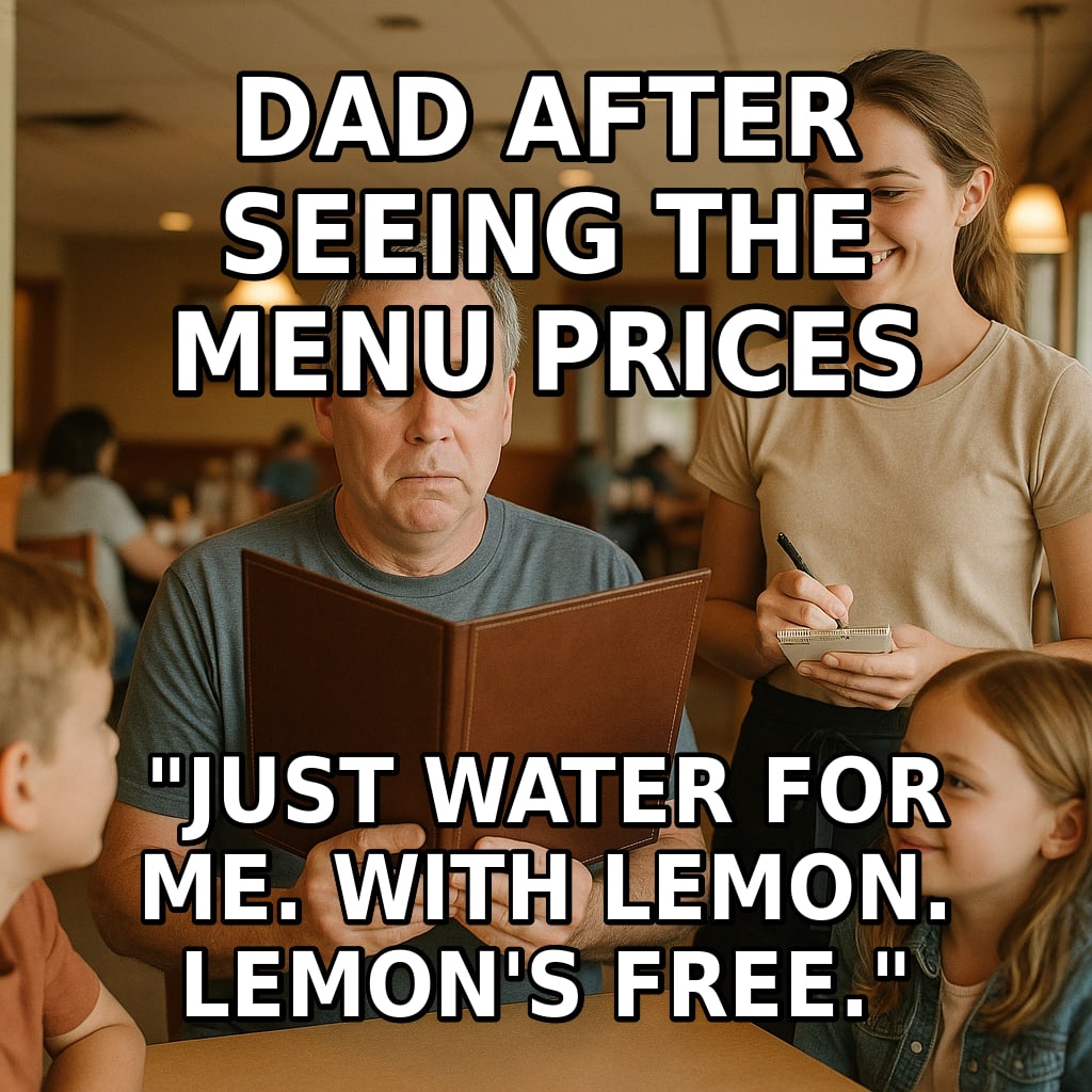 A dad stares over a restaurant menu in quiet shock while a cheerful server waits to take his order. Caption: "Dad after seeing the menu prices "Just water for me. With lemon. Lemon's free.""