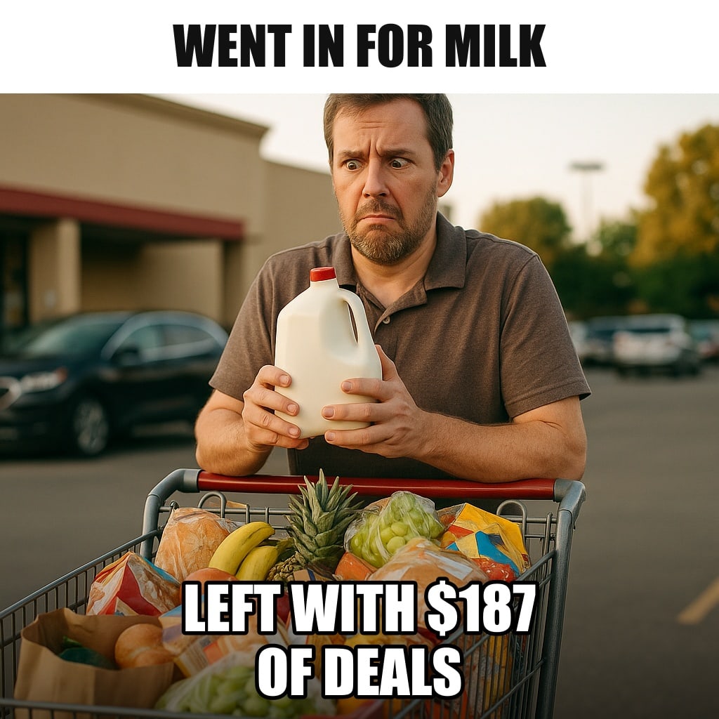 A man in a supermarket parking lot pushing an overflowing shopping cart, holding a single gallon of milk on top, looking confused at how this happened. Caption: "Went in for milk Left with $187 of deals"