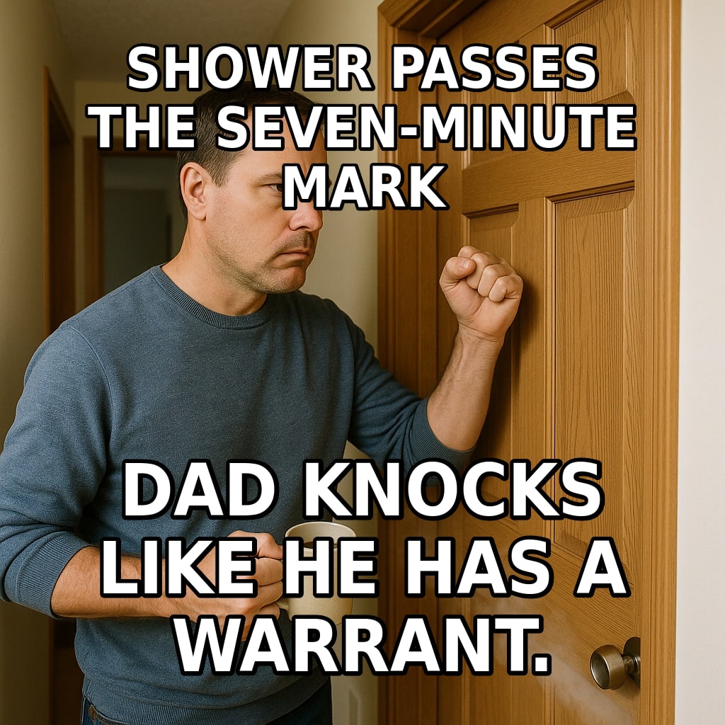 A stern dad about to pound on a steamy bathroom door, holding a coffee mug. Caption: "Shower passes the seven-minute mark Dad knocks like he has a warrant."