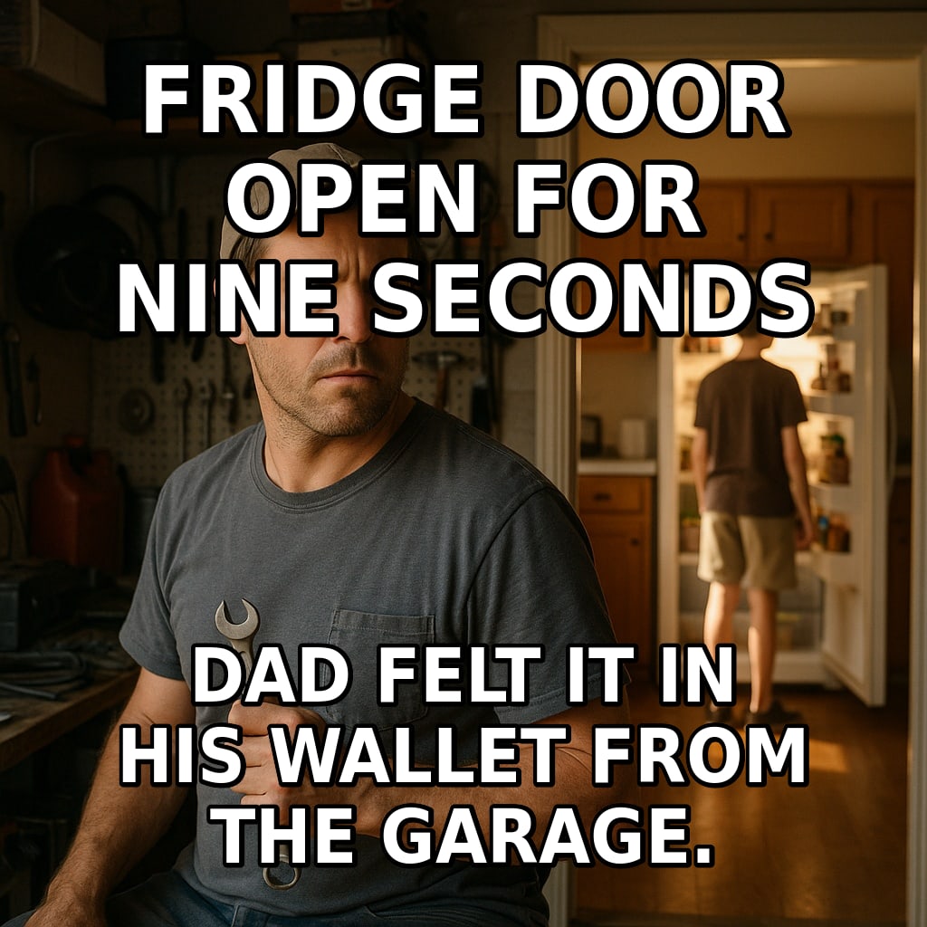 A man in the garage freezes and turns his head sharply while, in the kitchen behind him, a teenager stands at an open fridge. Caption: "Fridge door open for nine seconds Dad felt it in his wallet from the garage."