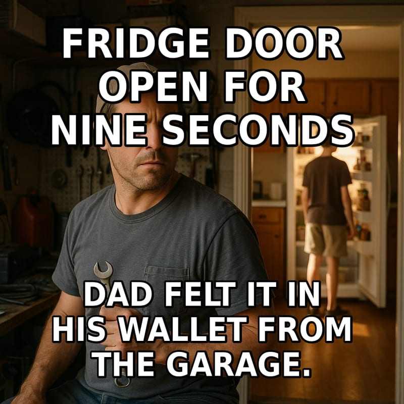 A man in the garage freezes and turns his head sharply while, in the kitchen behind him, a teenager stands at an open fridge. Caption: "Fridge door open for nine seconds Dad felt it in his wallet from the garage."