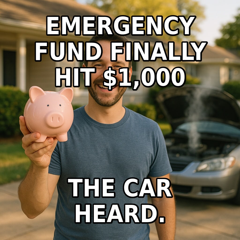 A man proudly holds up a piggy bank while his car steams under an open hood behind him. Caption: "Emergency fund finally hit $1,000 The car heard."