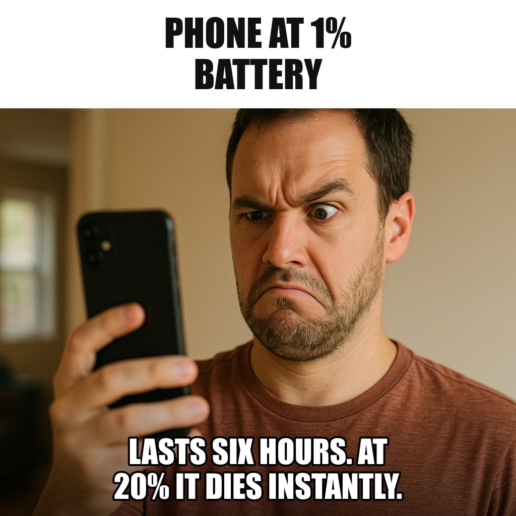 A man holding his smartphone at arm's length and looking at it with deep suspicion and distrust, one eyebrow raised. Caption: "Phone at 1% battery Lasts six hours. At 20% it dies instantly."
