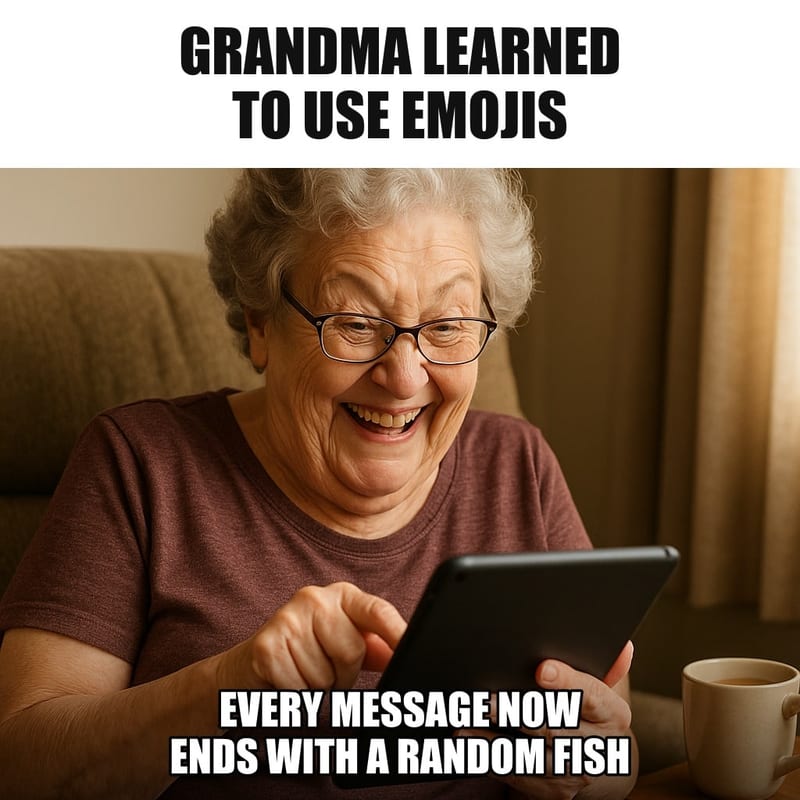 A delighted grandmother in an armchair tapping on her tablet with a mischievous grin, reading glasses on, a cup of tea beside her. Caption: "Grandma learned to use emojis Every message now ends with a random fish"