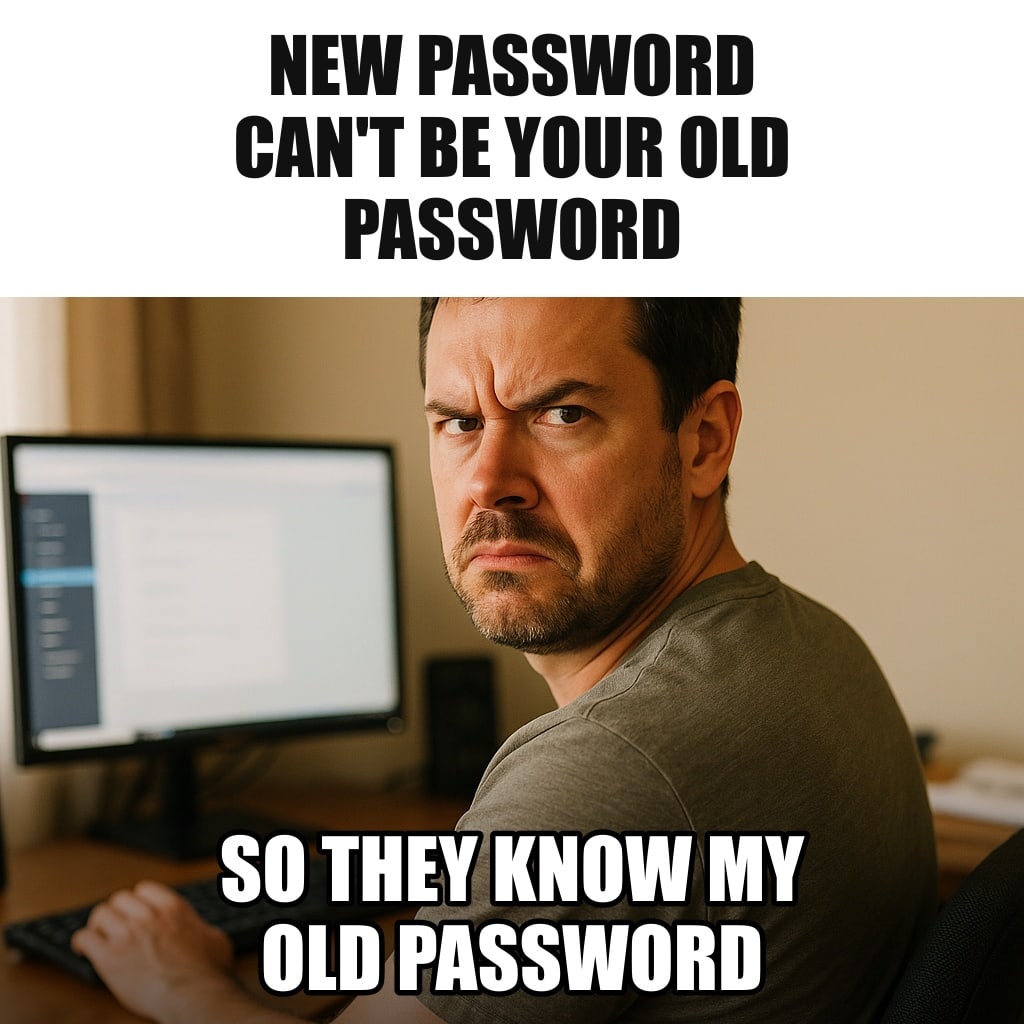 A man at a home computer turning slowly to look directly at the camera with a suspicious, narrowed-eyes expression. Caption: "New password can't be your old password So they know my old password"