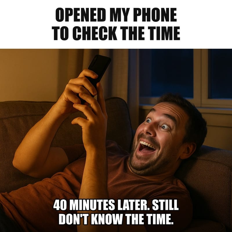A man lying on a couch holding his phone above his face, lit by its glow, the window behind him showing it has gone from day to dark. Caption: "Opened my phone to check the time 40 minutes later. Still don't know the time."