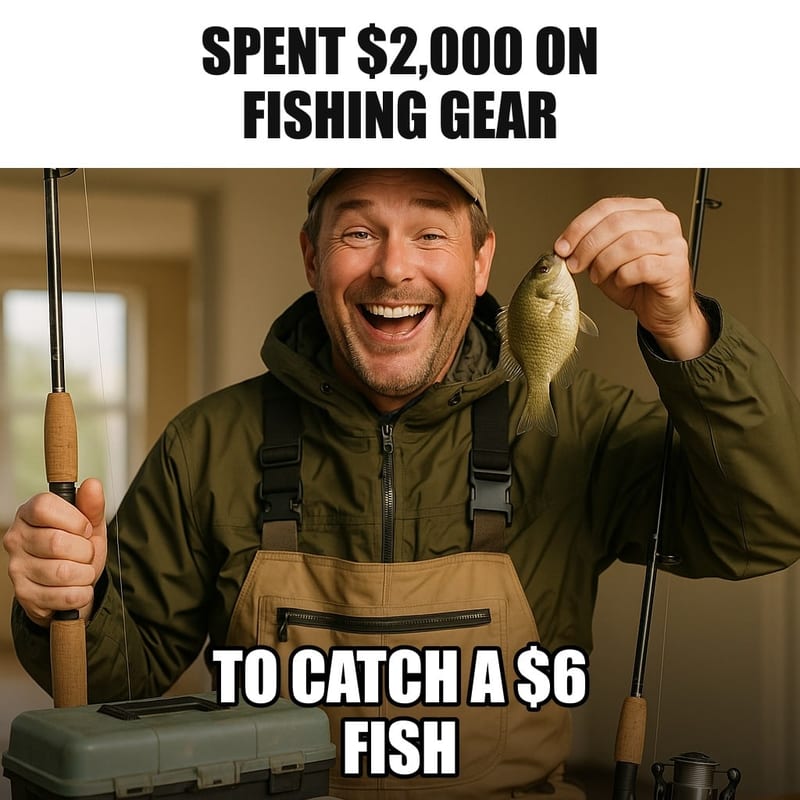 A proud fisherman in expensive gear surrounded by tackle boxes and rods, holding up one tiny fish the size of his palm with a beaming smile. Caption: "Spent $2,000 on fishing gear To catch a $6 fish"