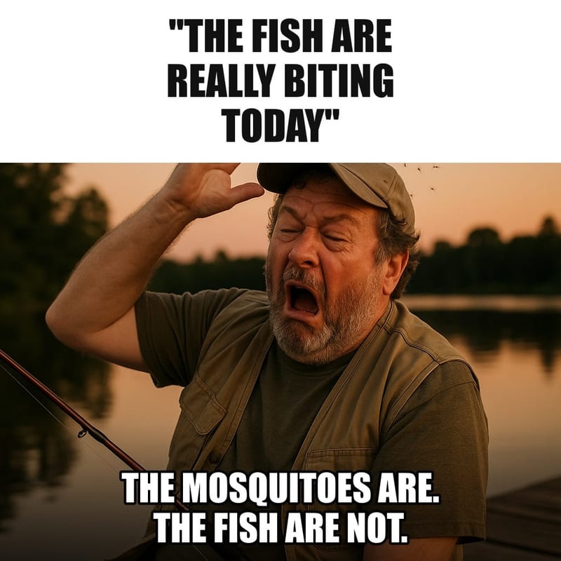A fisherman sitting on a dock at dusk swatting at a cloud of mosquitoes around his head, fishing rod untouched, bobber floating still on calm water. Caption: ""The fish are really biting today" The mosquitoes are. The fish are not."