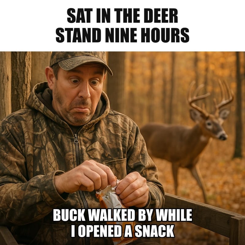 A hunter in camo sitting in a wooden tree stand, looking down at a crinkly snack bag he is opening, while behind him a big buck deer calmly walks past through the autumn forest. Caption: "Sat in the deer stand nine hours Buck walked by while I opened a snack"
