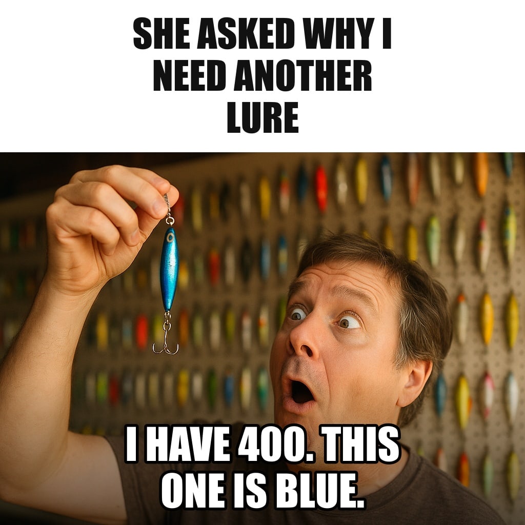 A man holding up a single shiny blue fishing lure with reverent awe in his garage, a wall behind him covered with hundreds of lures on pegboards. Caption: "She asked why I need another lure I have 400. This one is blue."